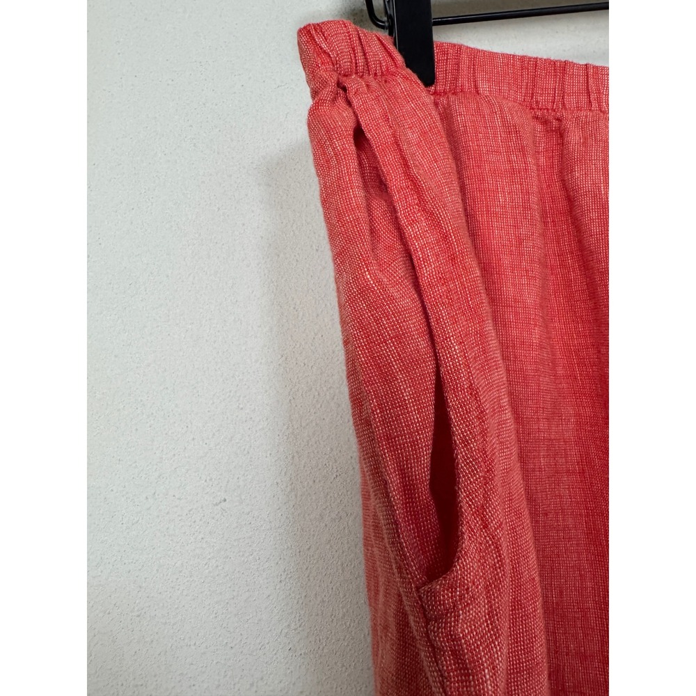 FLAX 100% Linen Wide Leg Pants Coral Orange Elastic Waist Pockets Size L - Picture 4 of 11